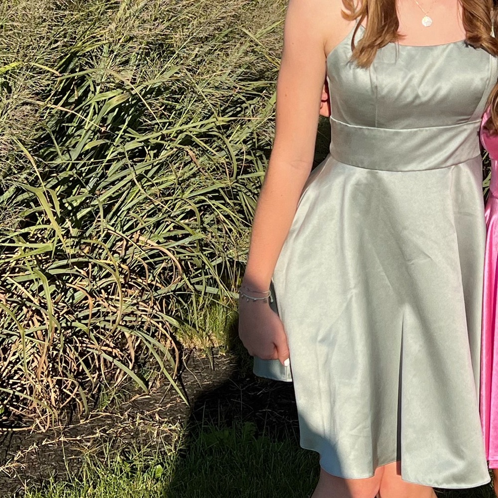 Jules and Cleo Sage Green Satin Dress